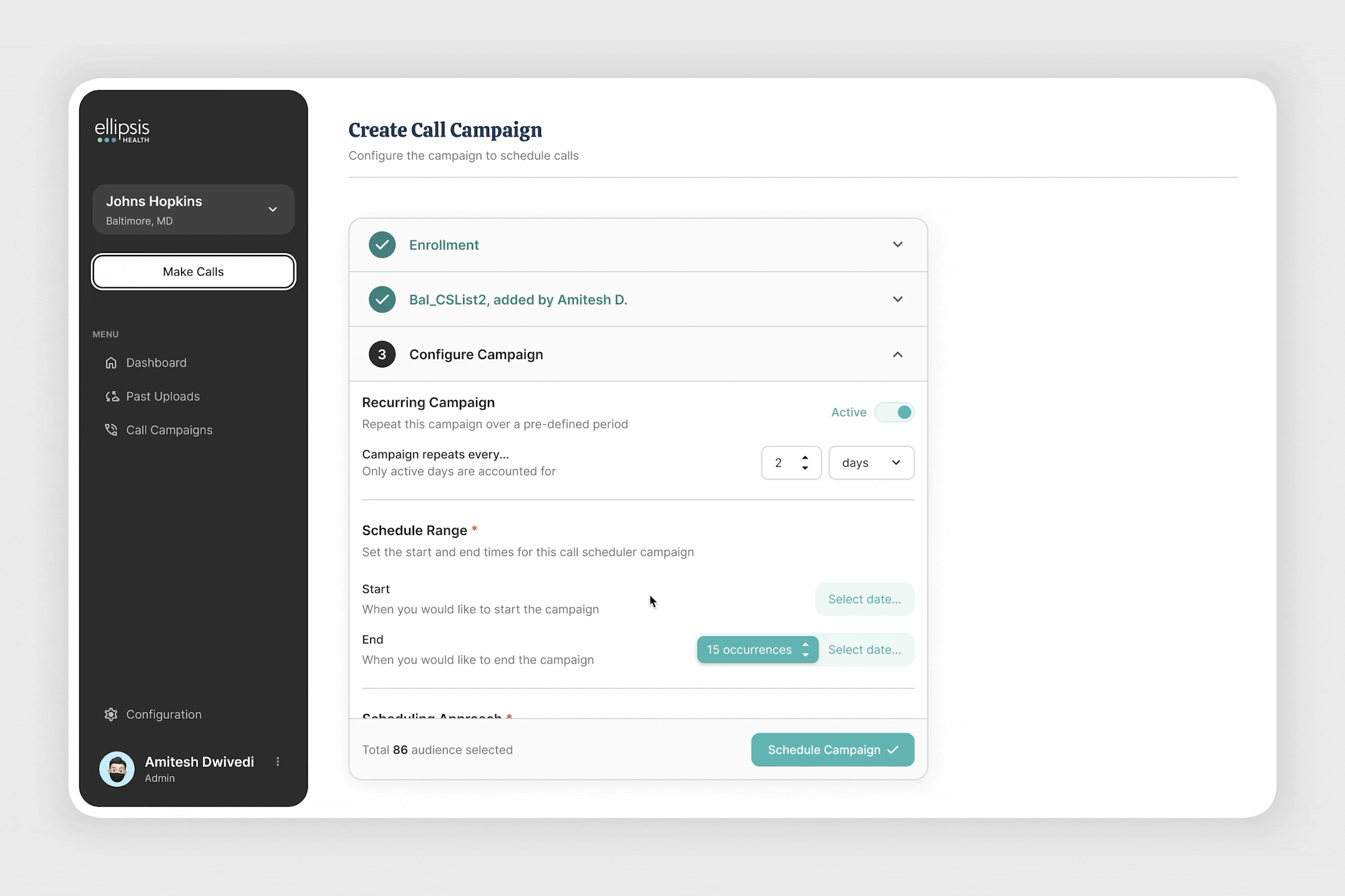 Call campaign configuration UI — showing the recurring campaign setup with schedule range and occurrence controls